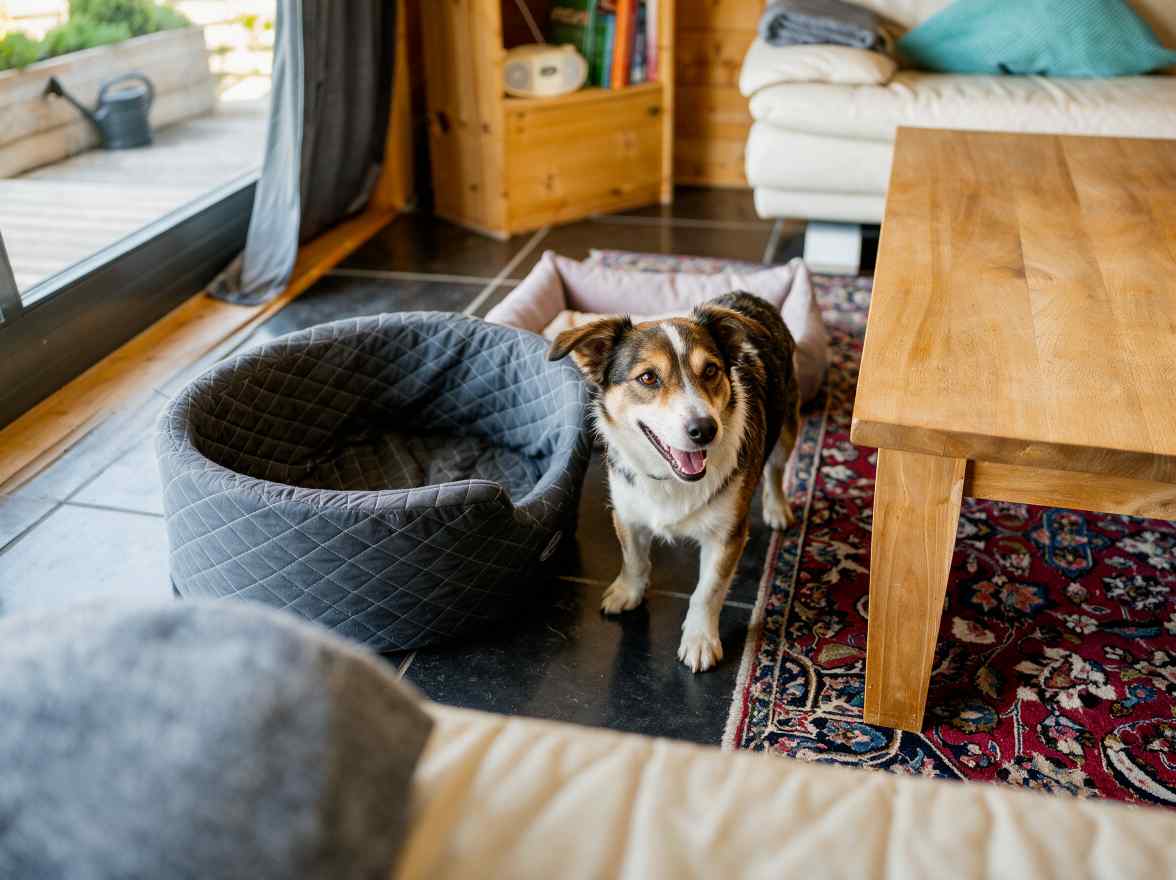 Hund entspannt neben den Hundebetten im Wohnzimmer des hundefreundlichen Ferienhauses Gaby in der Eifel