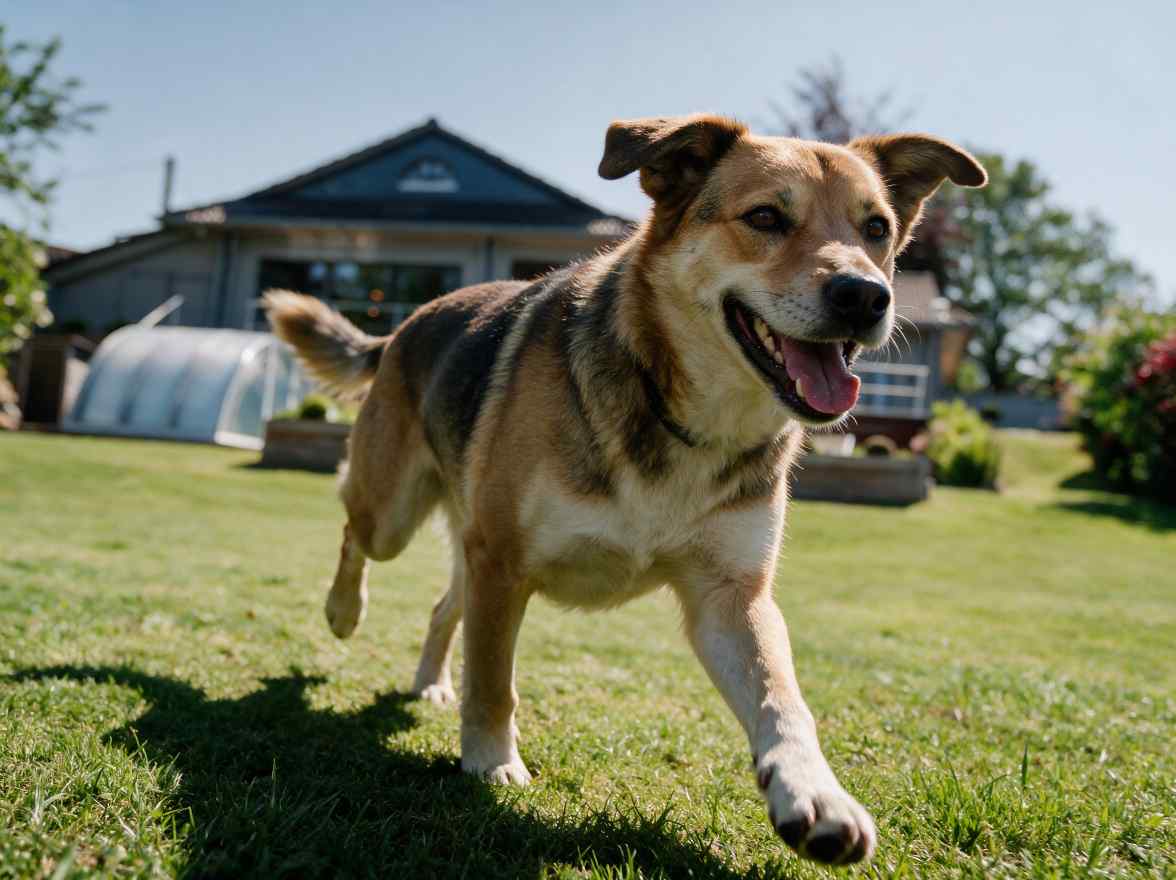 Hund tobt fröhlich durch den umzäunten Garten des Ferienhauses Gaby in der Eifel